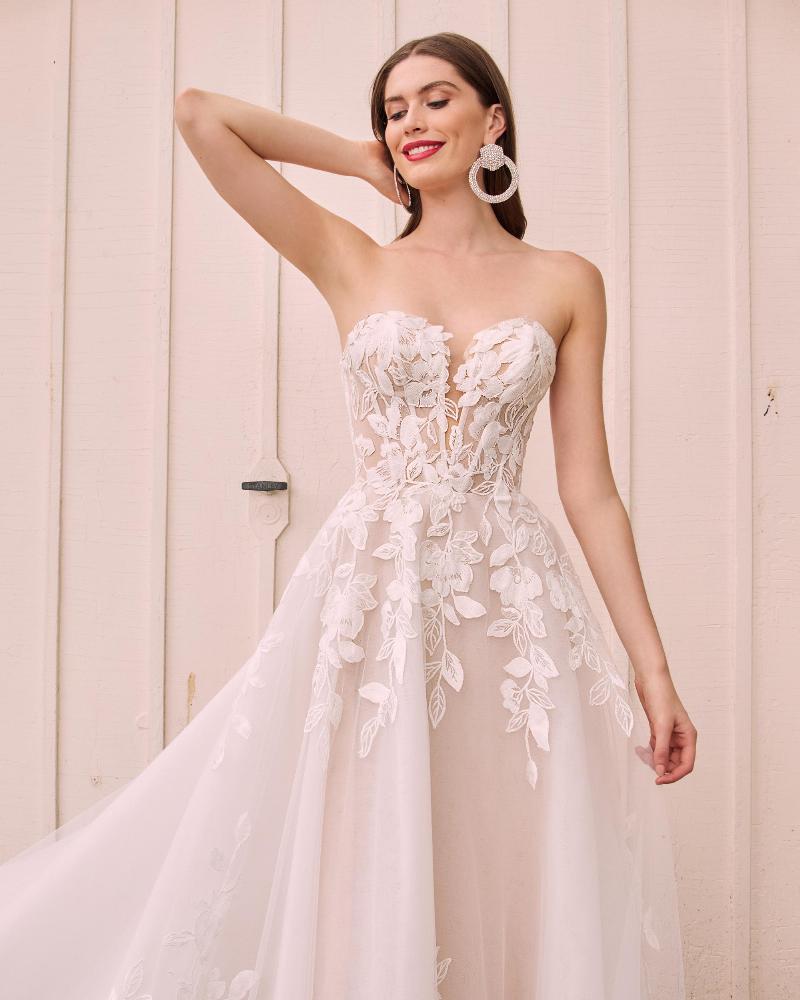 La22122 strapless or off the shoulder puff sleeve wedding dress with a line silhouette4